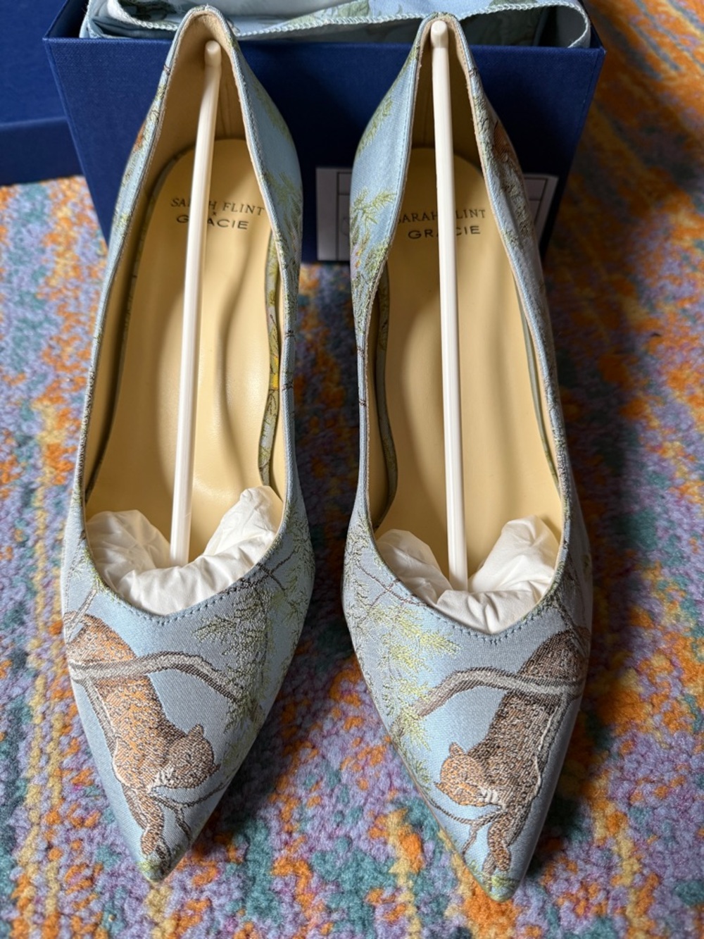NIB Sarah Flint x Gracie Perfect Kitten Pump 50, Blue Jacquard - Size 38.5